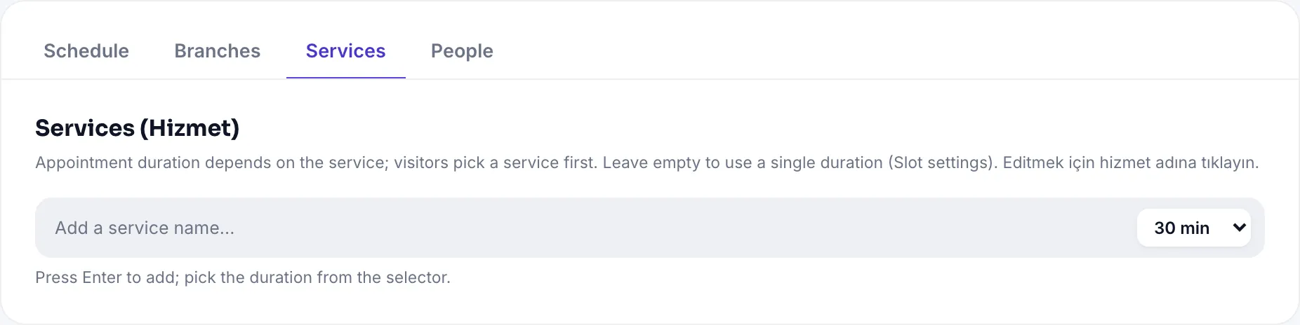 Services tab: service list, duration picker and quick add