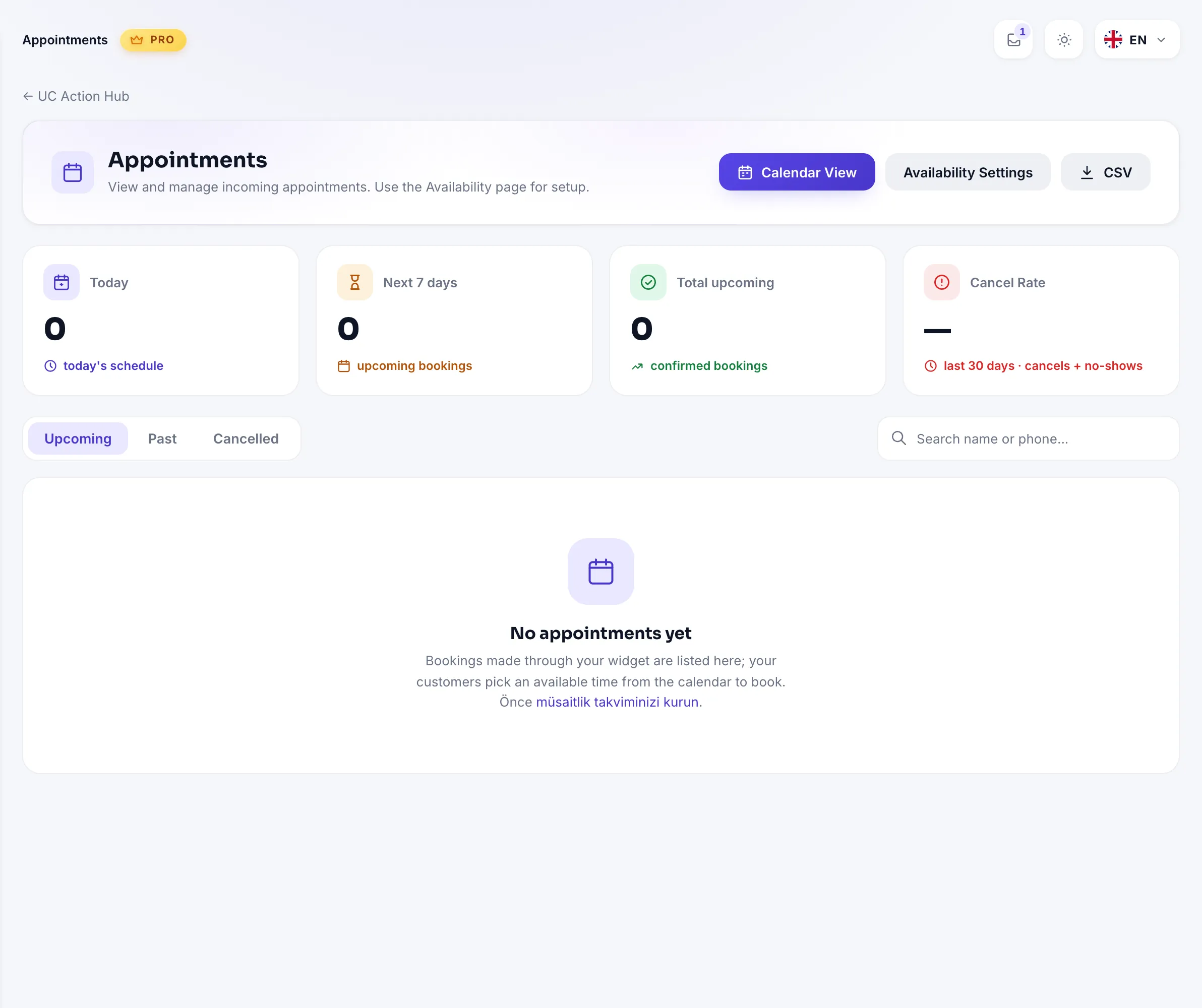 Bookings list view: summary cards, filters, tabs and the bookings table