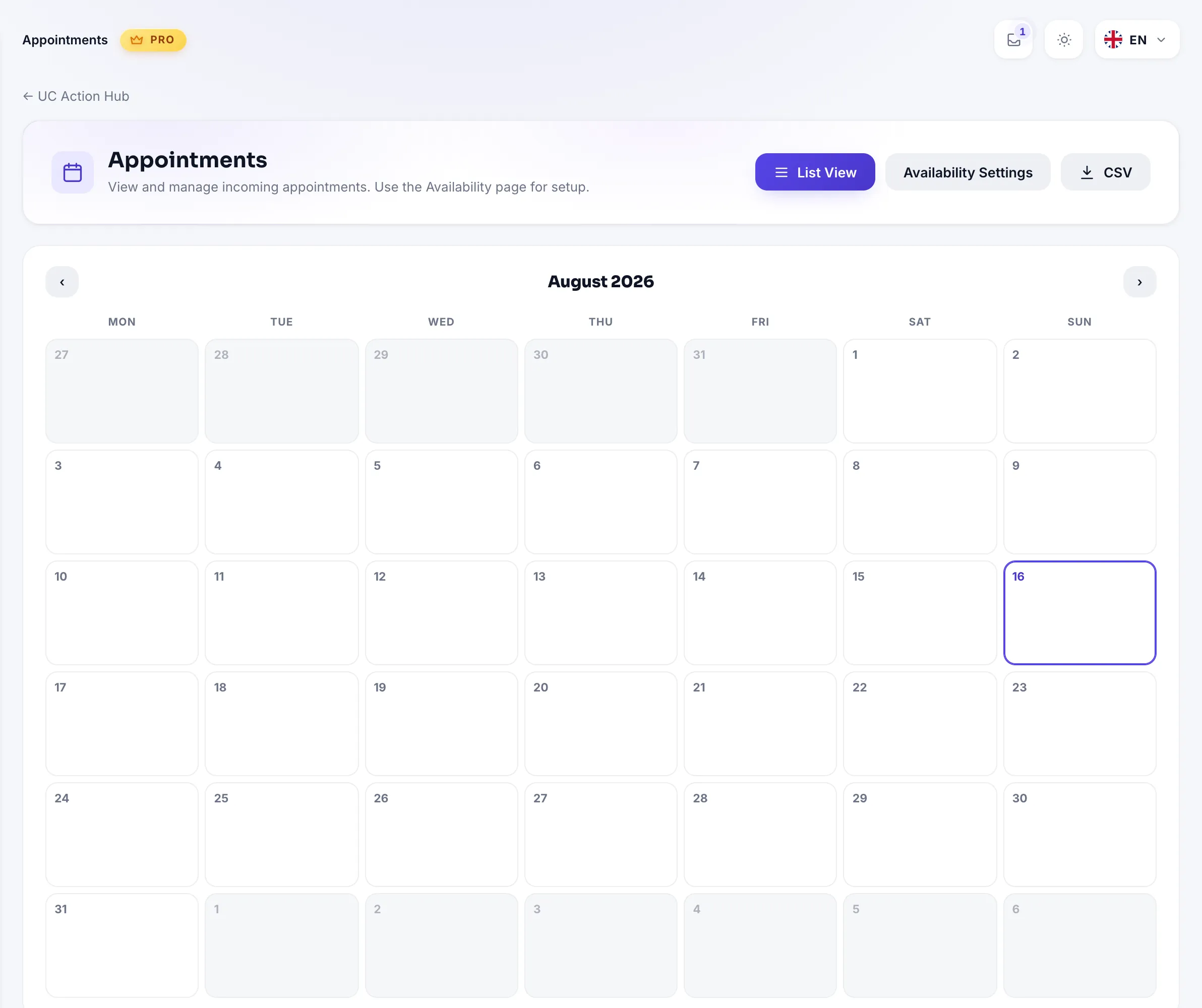Bookings calendar view: monthly grid, daily booking chips and public holidays