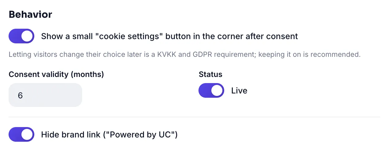 Behavior settings: mini button, consent validity period and branding link