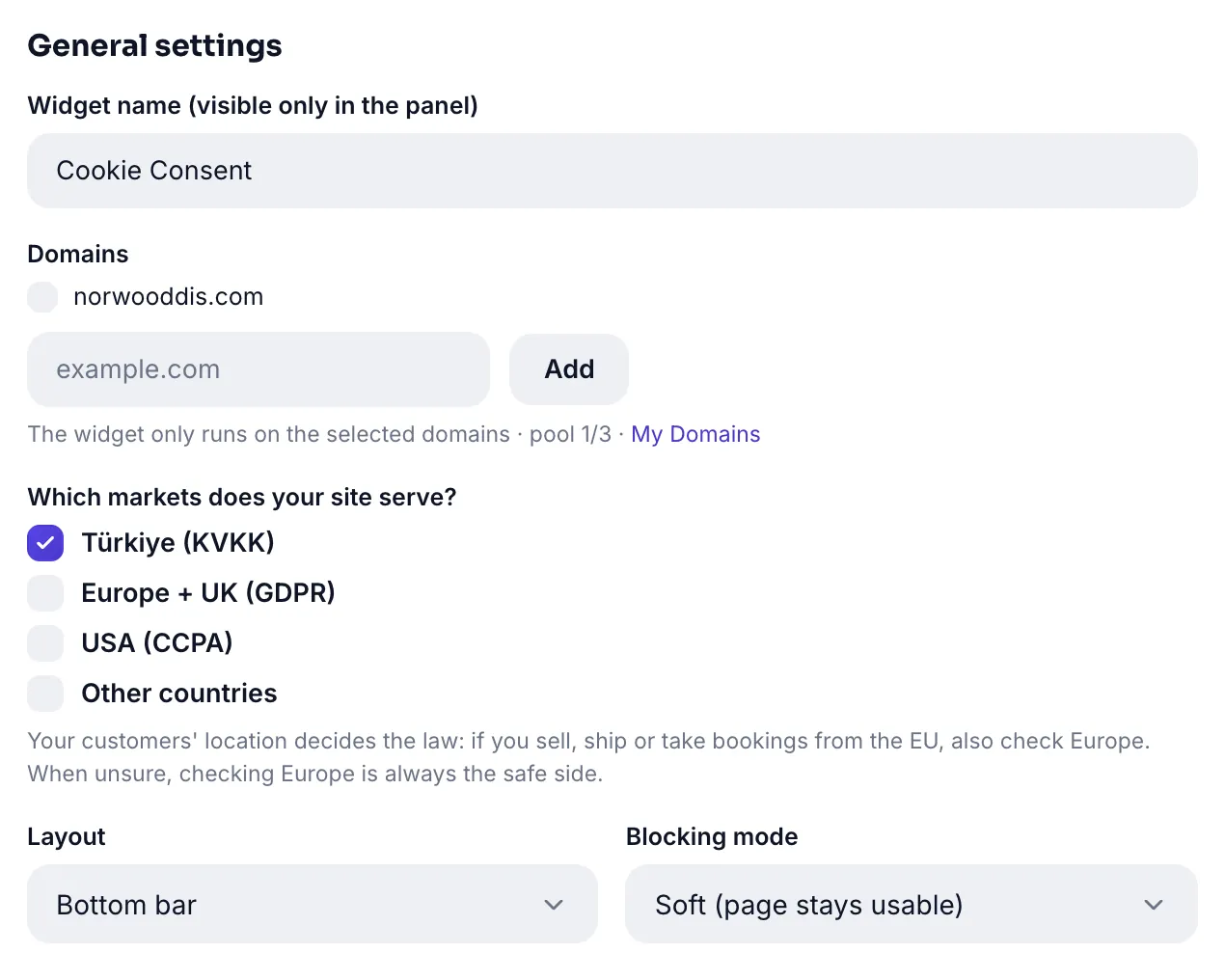 General settings: widget name, domains, market selection, layout and blocking mode