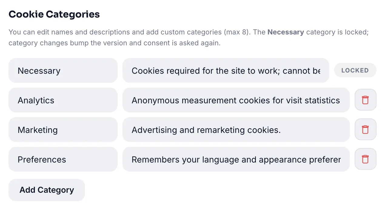 Cookie categories: the necessary category is locked, the others are editable