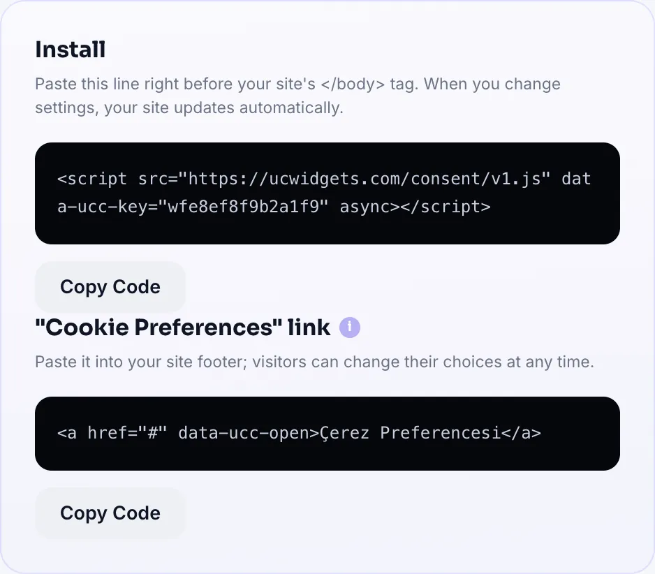 Install card: embed code and the Cookie Preferences link