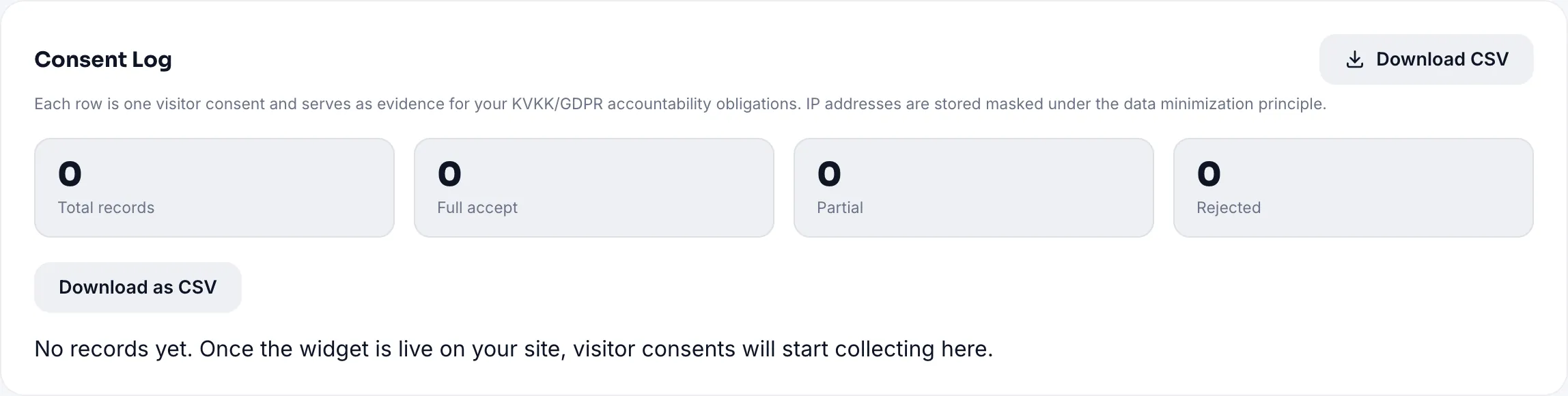 Consent records tab: date, version, masked IP and choices