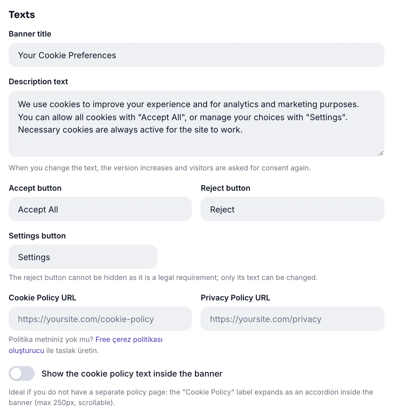 Text settings: banner title, description, button labels and policy URLs