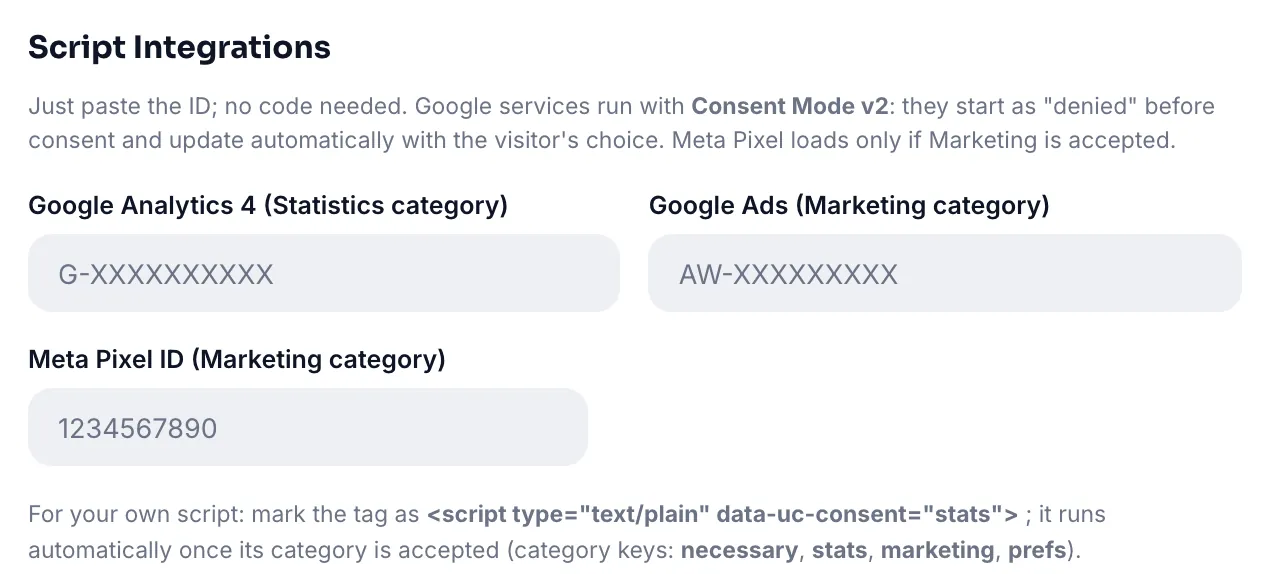 Script integrations: Google Analytics 4, Google Ads and Meta Pixel fields