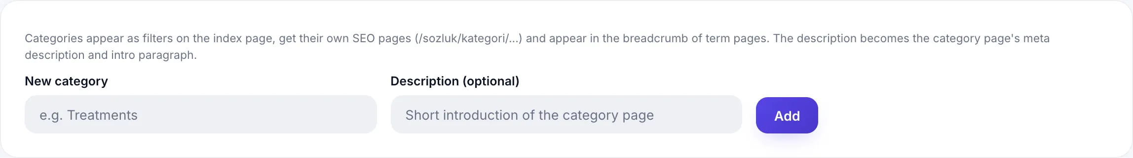 Categories screen: existing categories and adding a new one