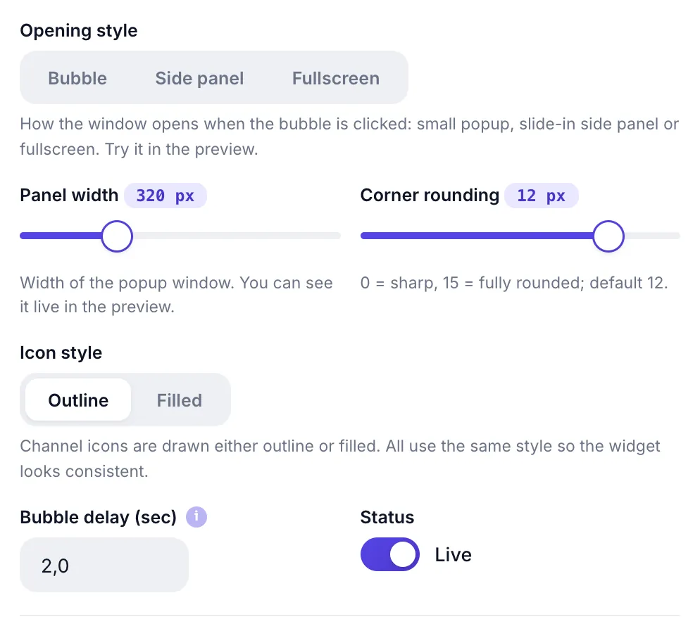 Opening style, window width, corner radius, icon style and bubble delay