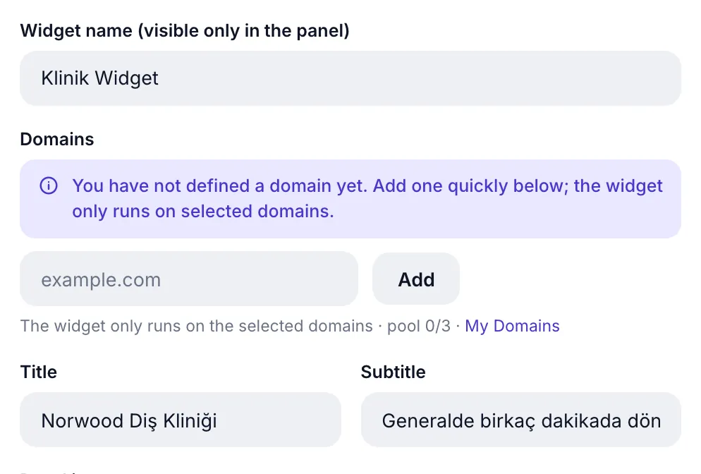 General settings: widget name, domains, title and subtitle fields