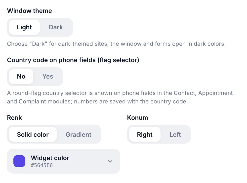 Window theme, country code picker, color and position settings