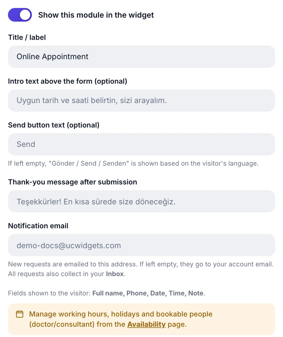 Booking module settings: intro, button label, thank-you message, notification email and availability notice