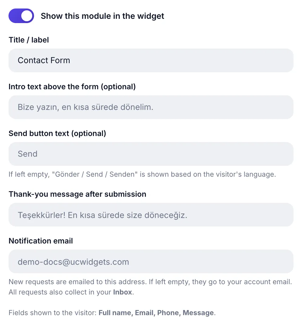 Contact form module settings: intro, button label, thank-you message and notification email