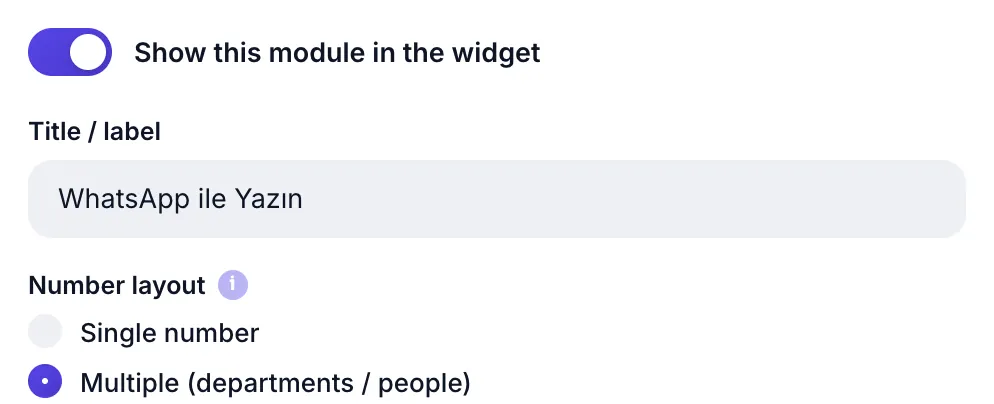 WhatsApp module: show-module switch, title/label and number mode