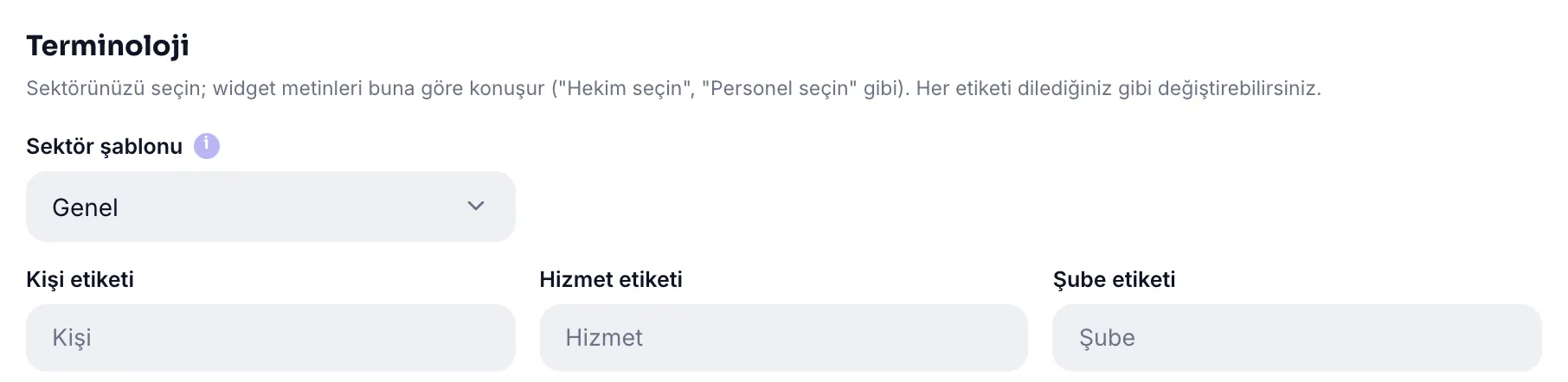 Terminoloji: sektör şablonu ve kişi, hizmet, şube etiketleri