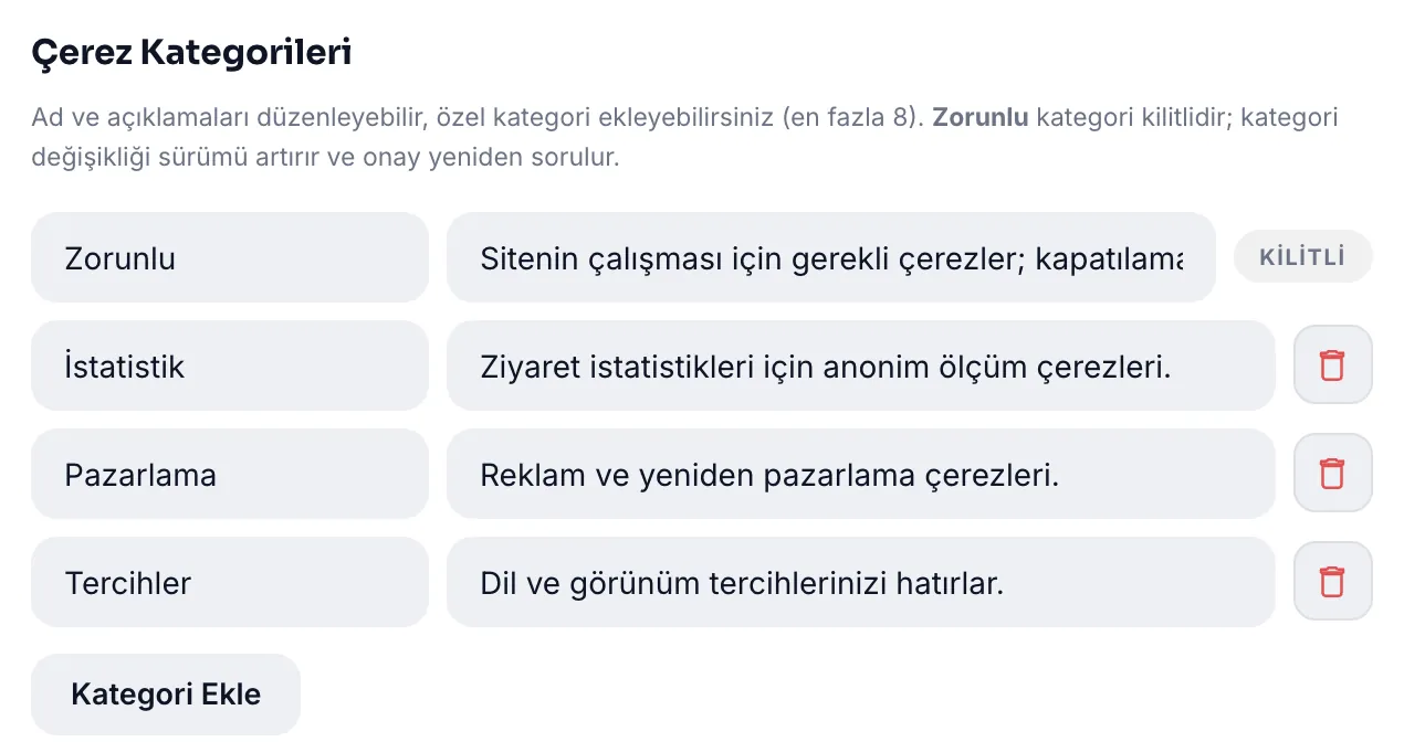 Çerez kategorileri: zorunlu kategori kilitli, diğerleri düzenlenebilir