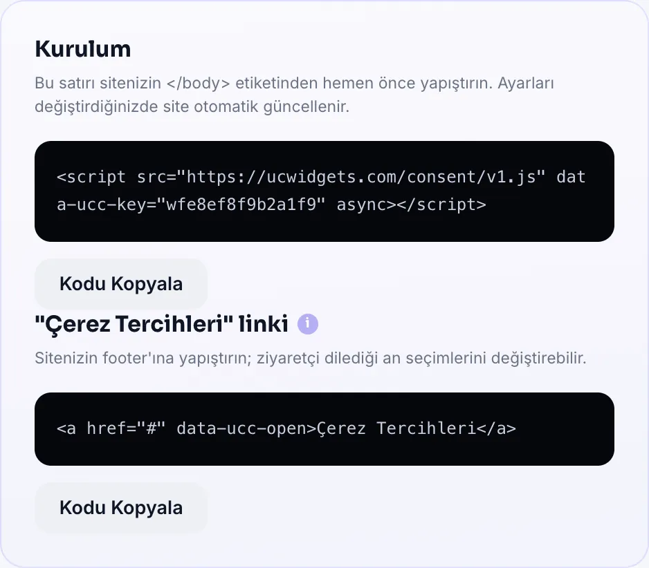 Kurulum kartı: gömme kodu ve Çerez Tercihleri linki