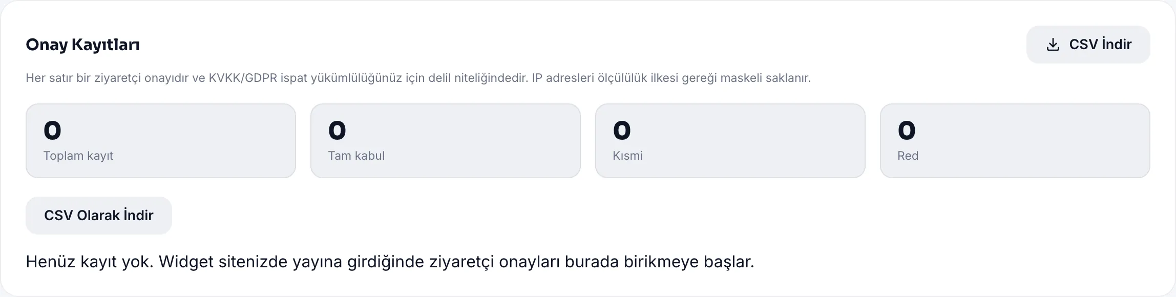 Onay kayıtları sekmesi: tarih, sürüm, maskeli IP ve seçimler