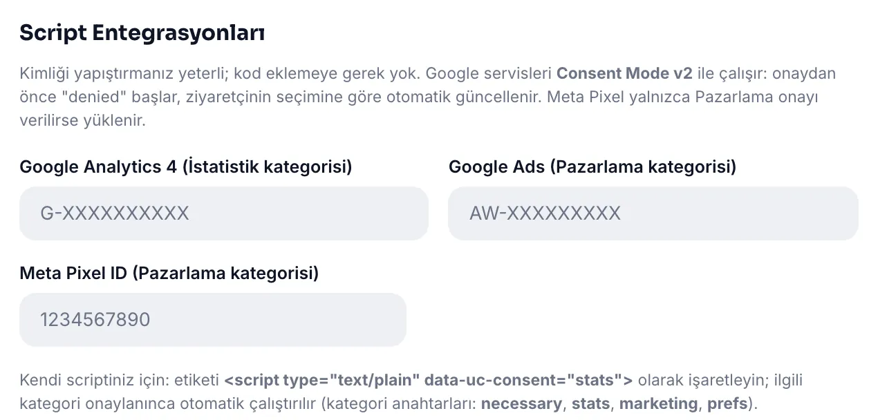 Script entegrasyonları: Google Analytics 4, Google Ads ve Meta Pixel alanları