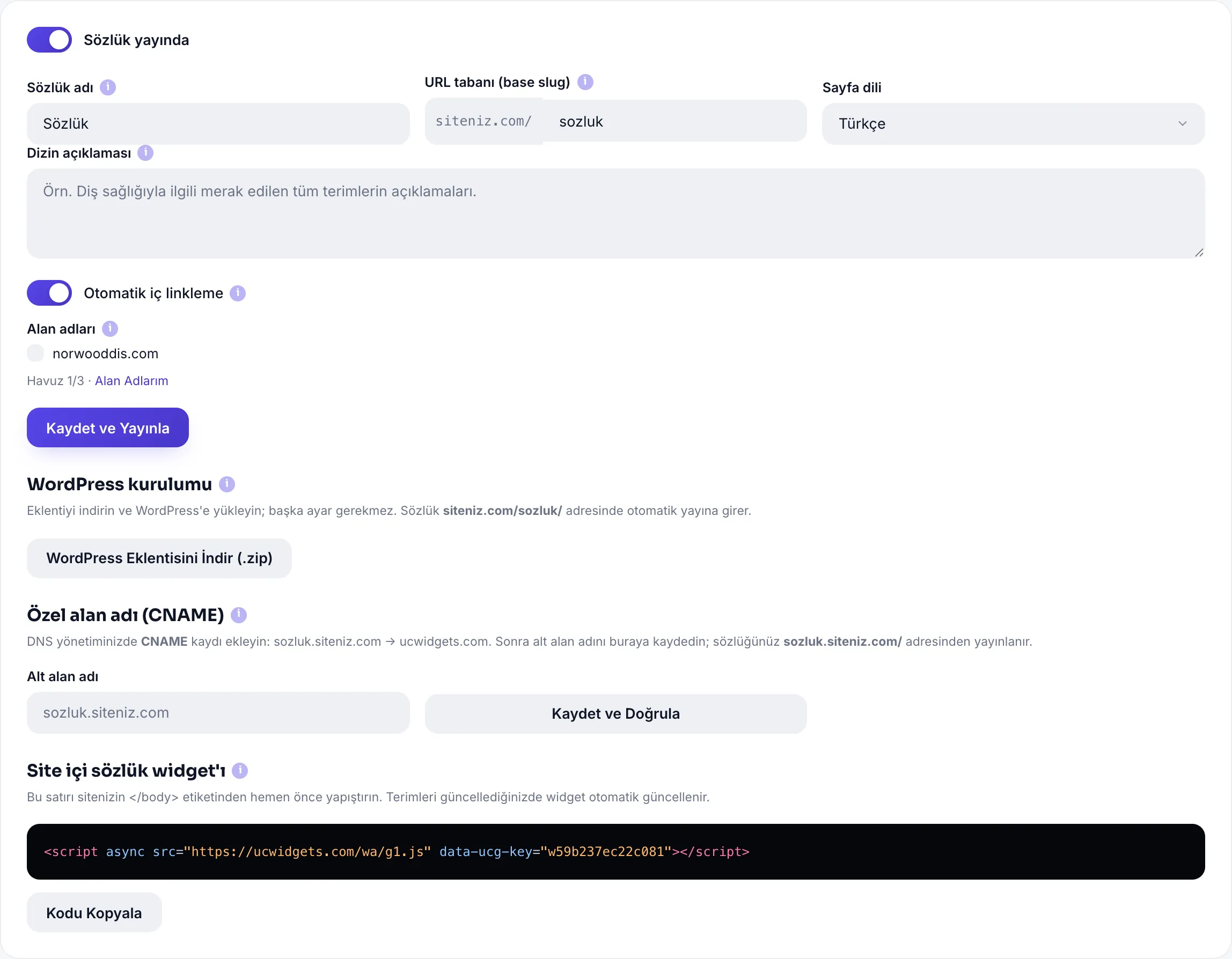 Sözlük ayarları: ad, URL tabanı, dil, otomatik iç linkleme ve alan adları