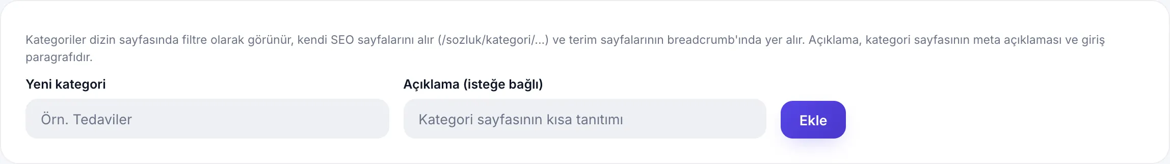 Kategoriler ekranı: mevcut kategoriler ve yeni kategori ekleme