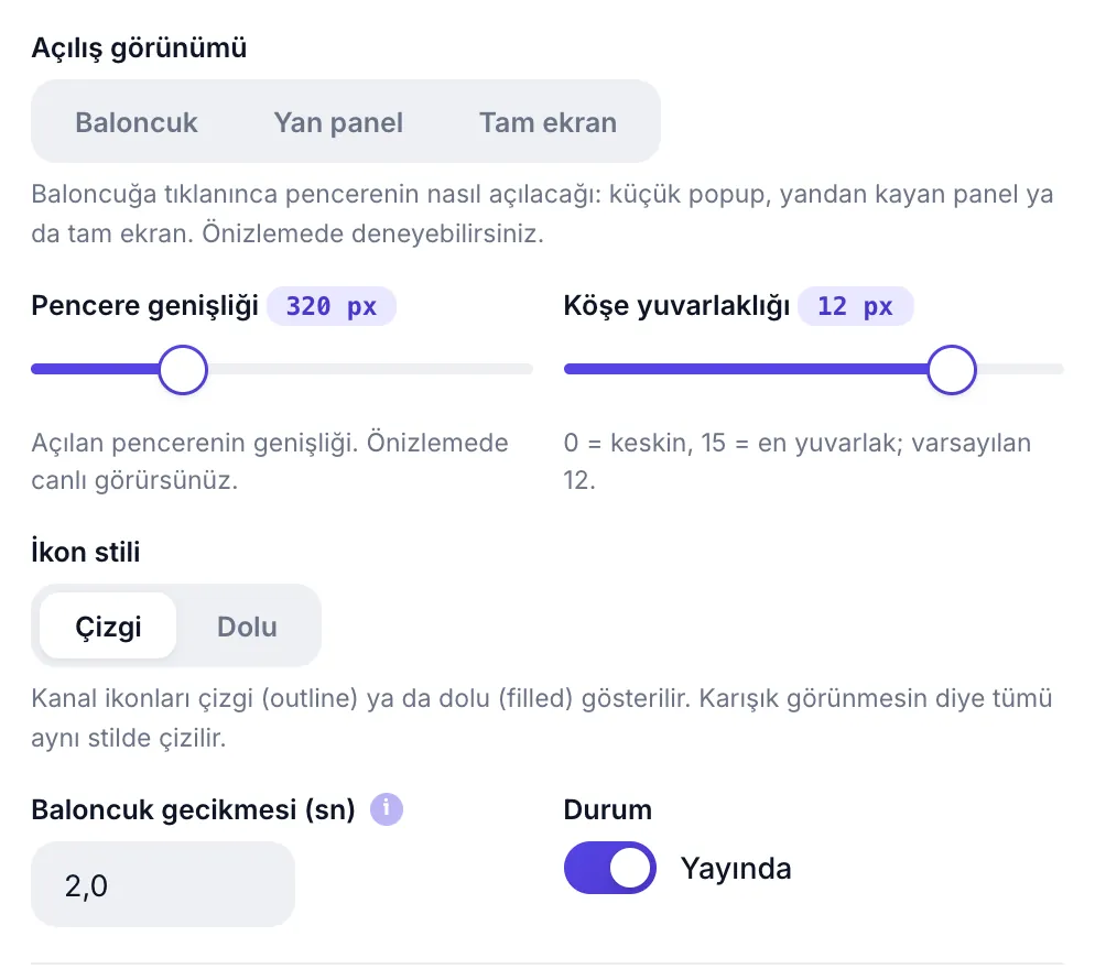 Açılış görünümü, pencere genişliği, köşe yuvarlaklığı, ikon stili ve baloncuk gecikmesi