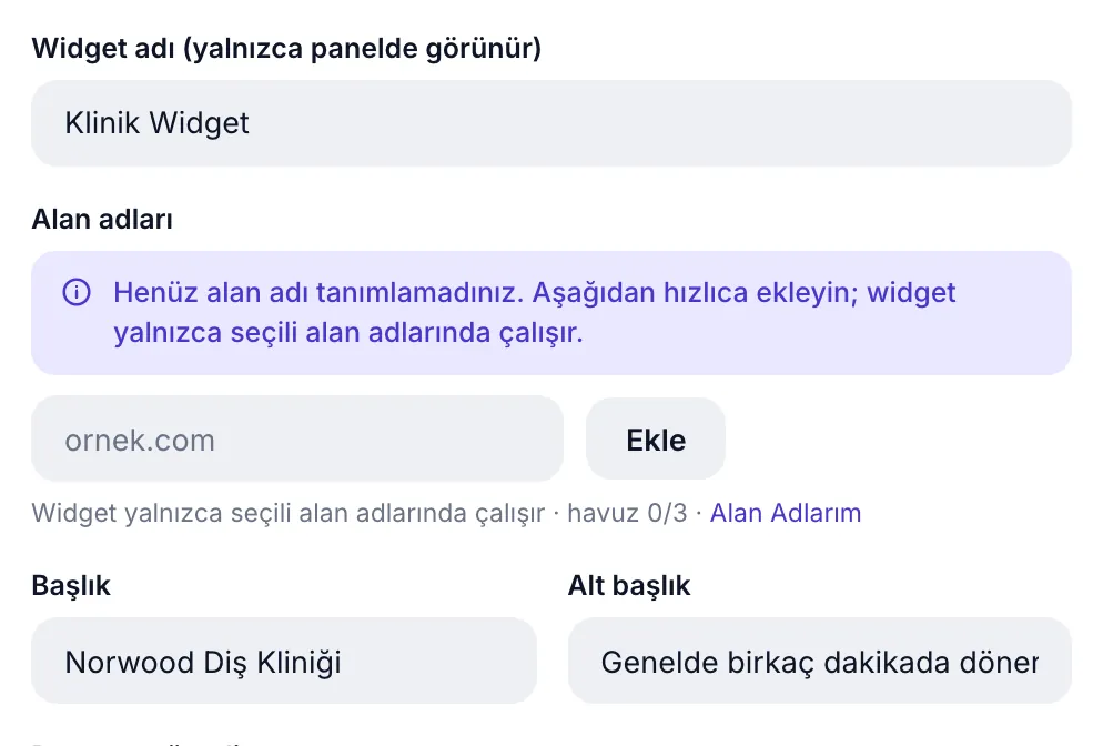 Genel ayarlar: widget adı, alan adları, başlık ve alt başlık alanları