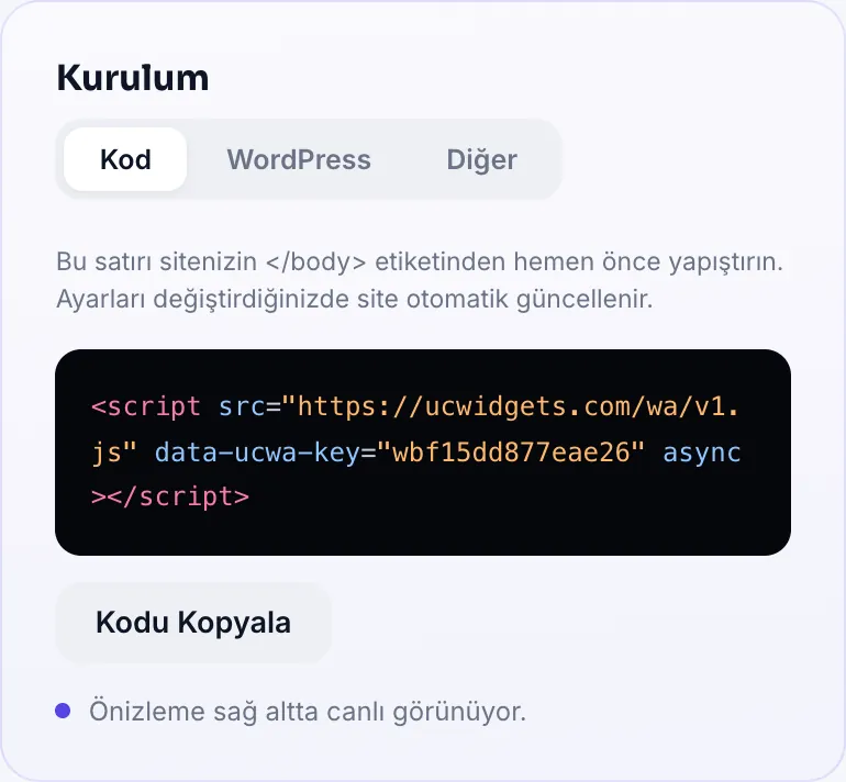 Kurulum kartı: Kod, WordPress ve Diğer sekmeleri