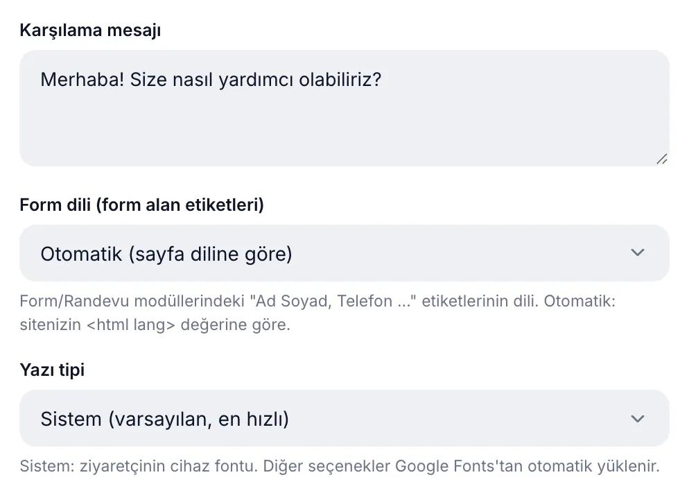Karşılama mesajı, form dili ve yazı tipi ayarları