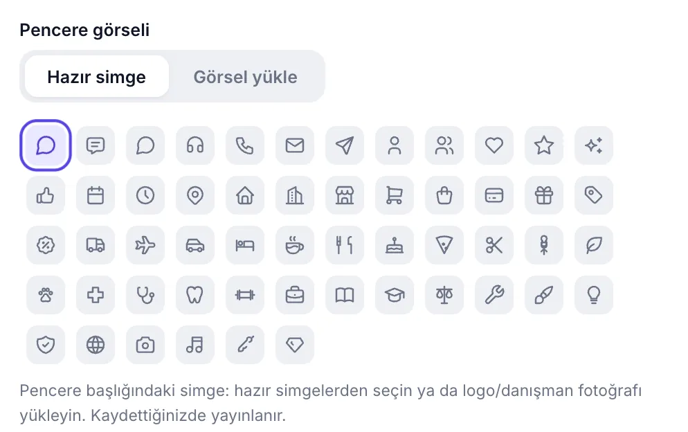 Pencere görseli: hazır simge ızgarası ve görsel yükleme sekmesi