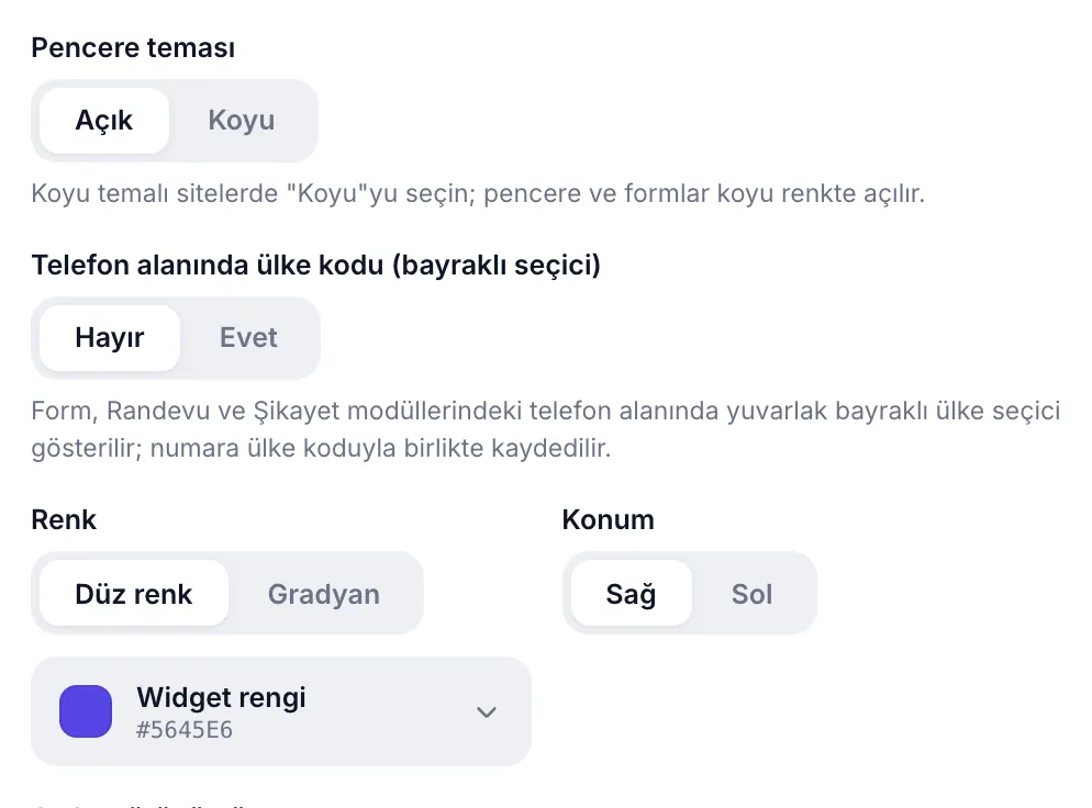 Pencere teması, ülke kodu seçici, renk ve konum ayarları