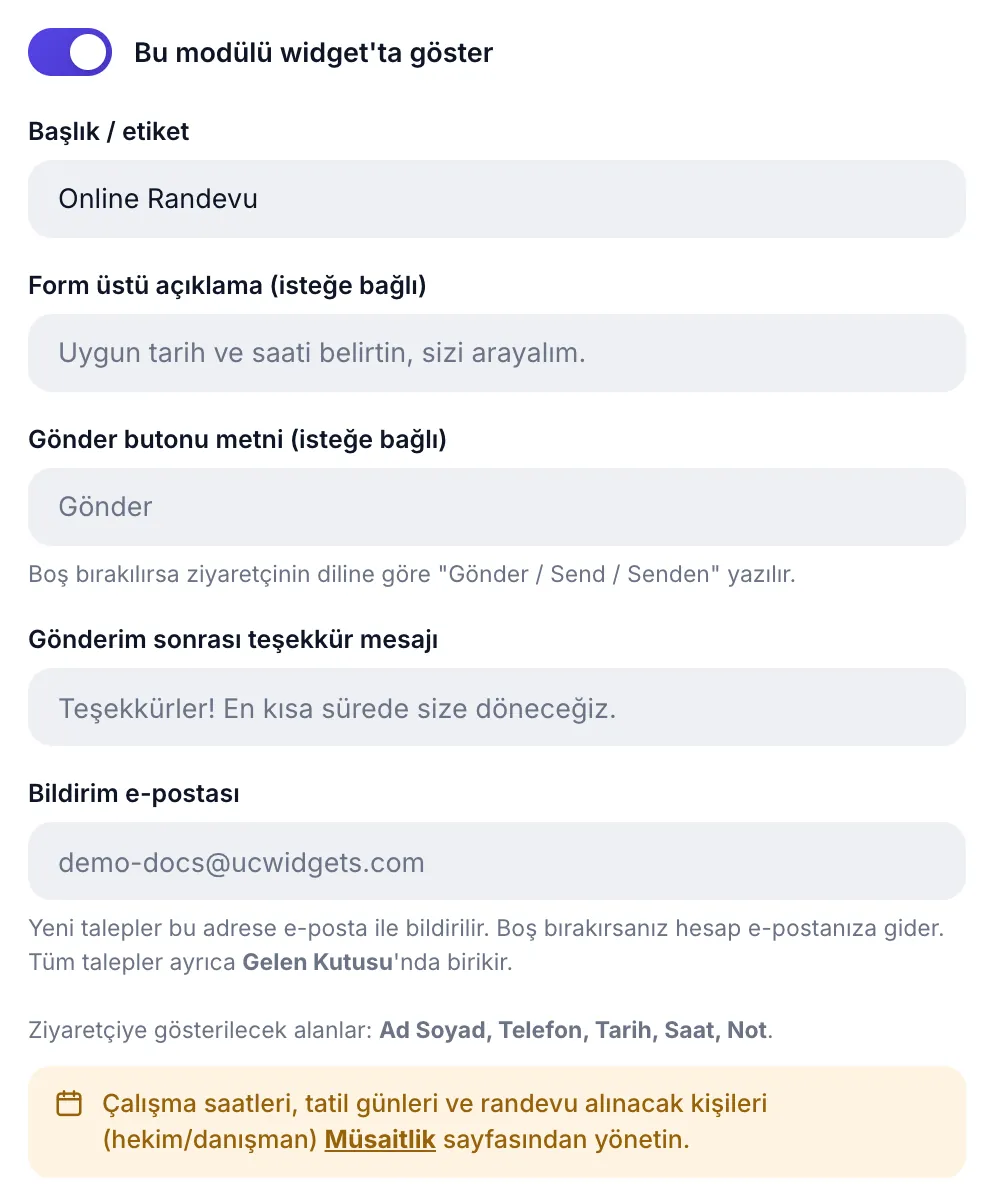 Randevu modülü ayarları: açıklama, buton metni, teşekkür mesajı, bildirim e-postası ve müsaitlik uyarısı