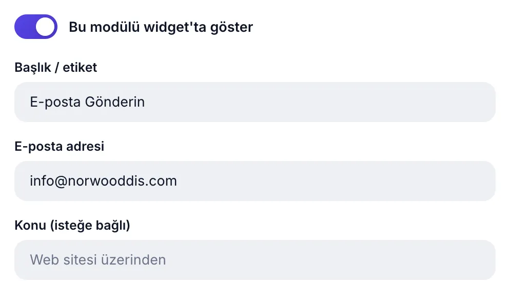 E-posta modülü: e-posta adresi ve konu alanları