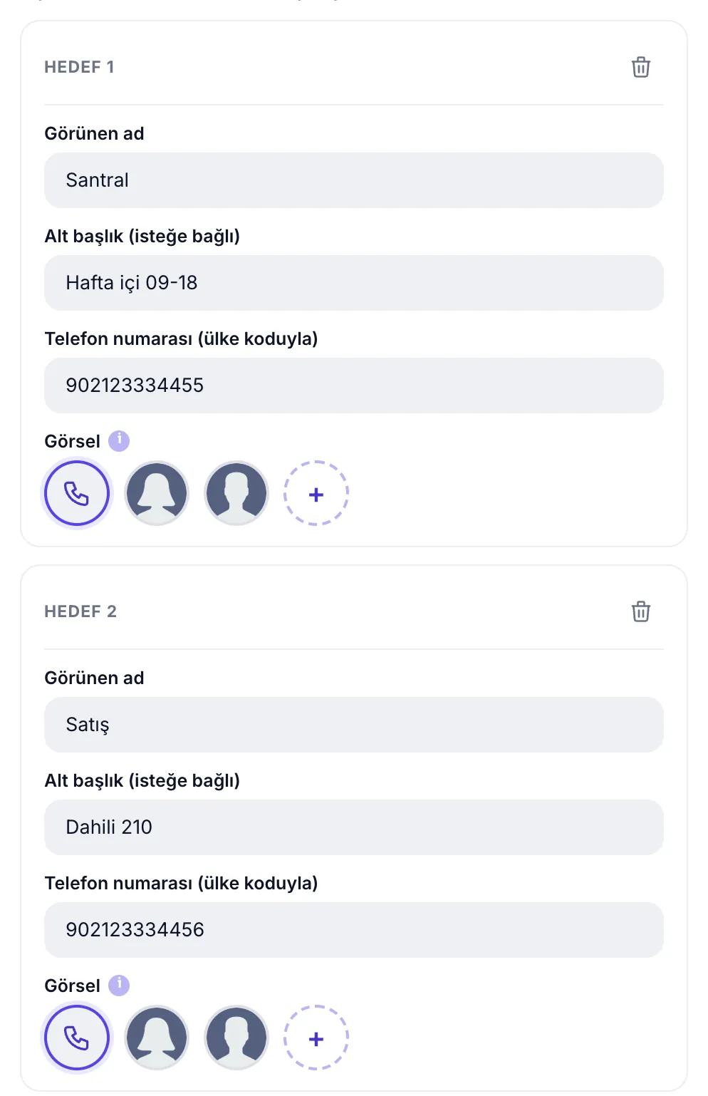 Çoklu telefon hedefleri: santral, satış ve teknik destek satırları