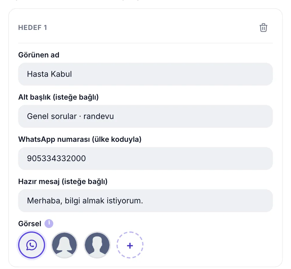 Çoklu hedef satırı: görünen ad, alt başlık, numara, hazır mesaj ve görsel seçimi