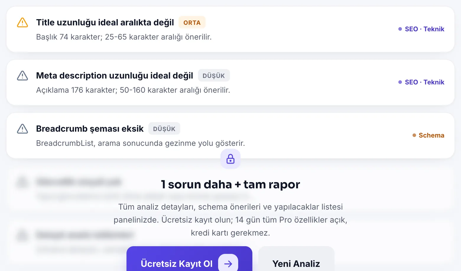Bulgu listesi: başlık, öncelik rozeti ve açıklama