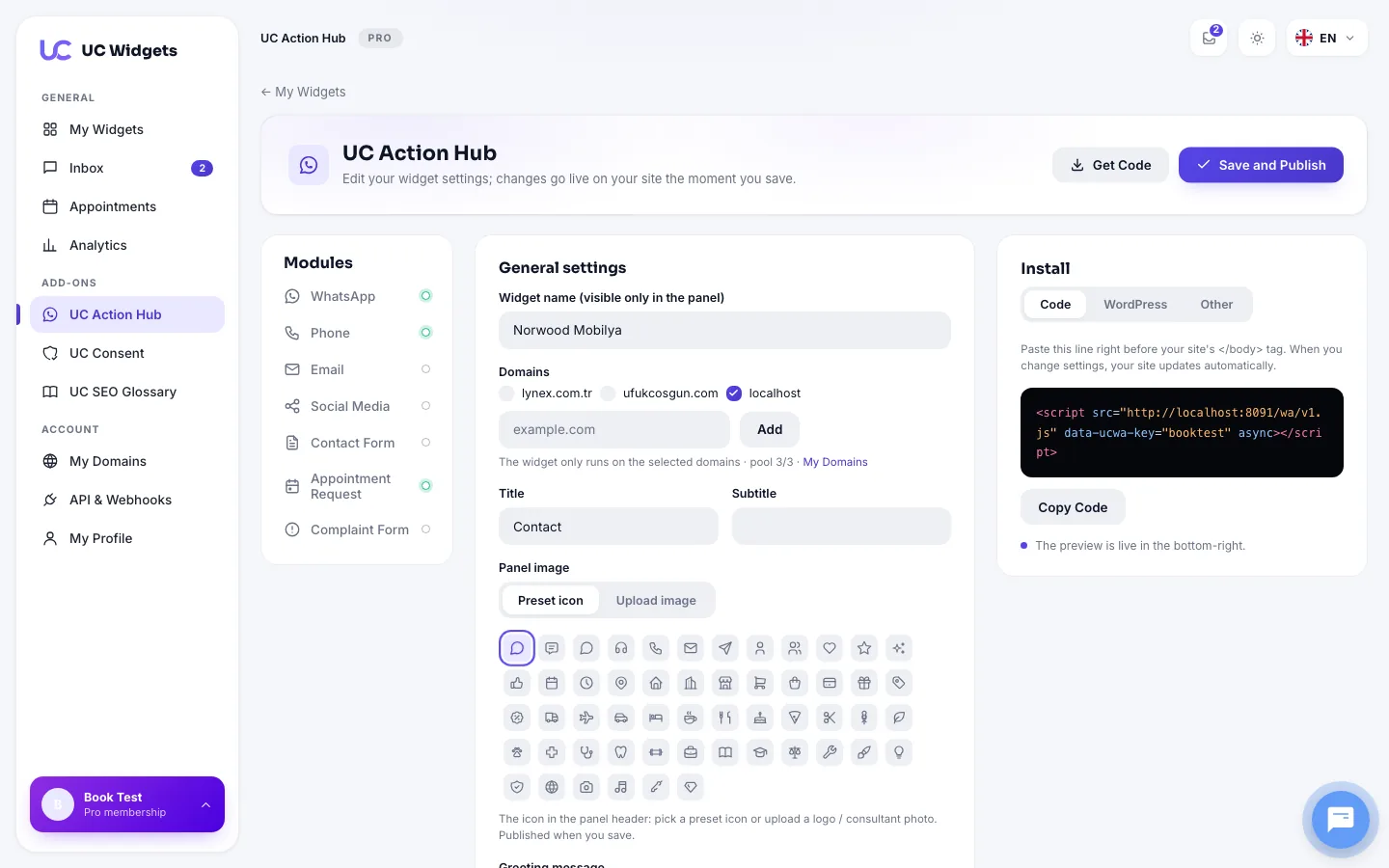 UC Action Hub module settings screen
